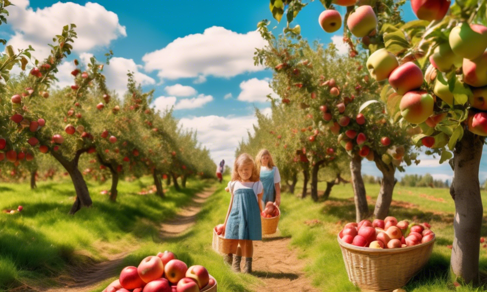 A vibrant image of a sunny apple orchard with rows of healthy apple trees bearing red and green apples. A wooden basket filled with freshly picked apples sits in the foreground, while families and chi